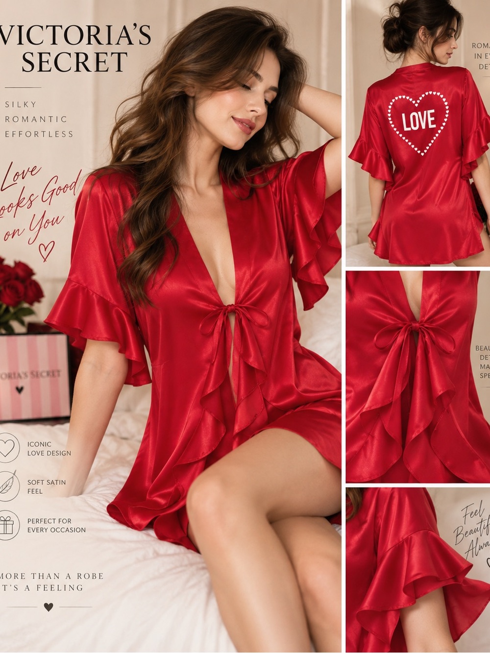 Victoria’s Secret Red Satin LOVE Heart Ruffle Kimono Robe OS